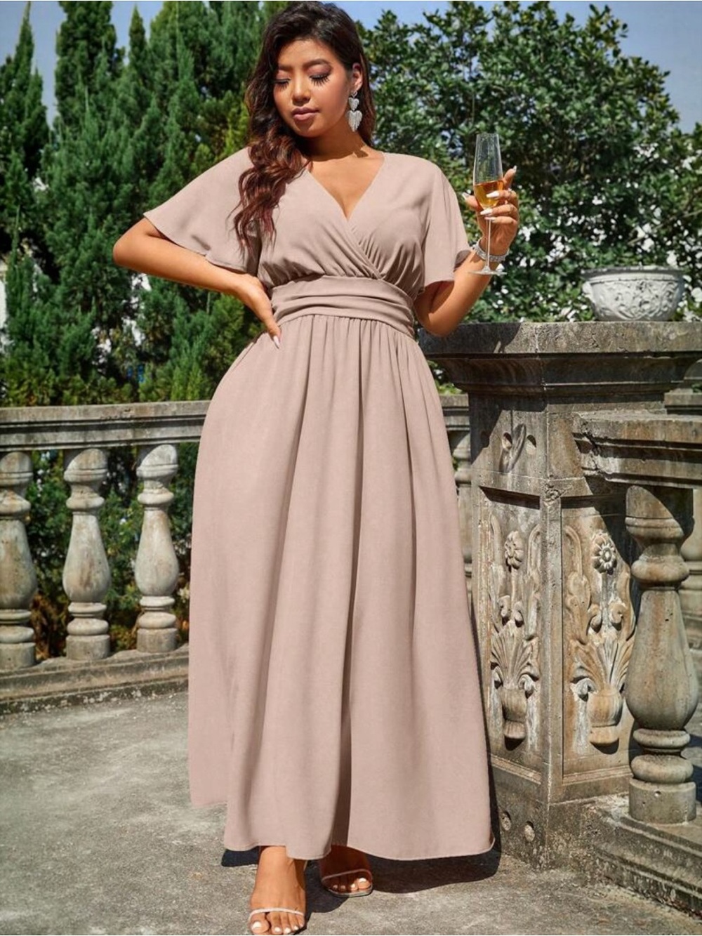 SHEIN Curve 3XL Beige Faux Wrap V Neck Flutter Sleeve Smocked Maxi Dress